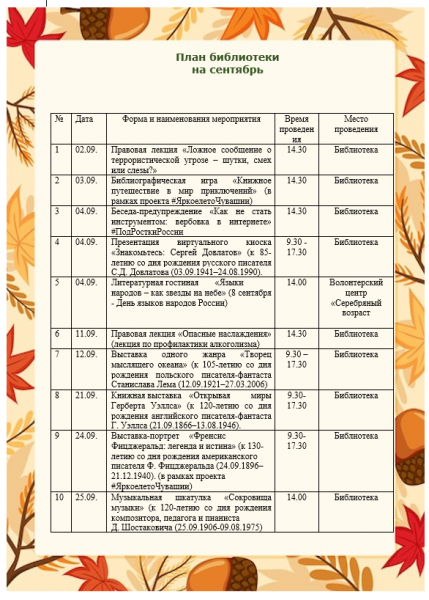План мероприятий на сентябрь 2026 г.